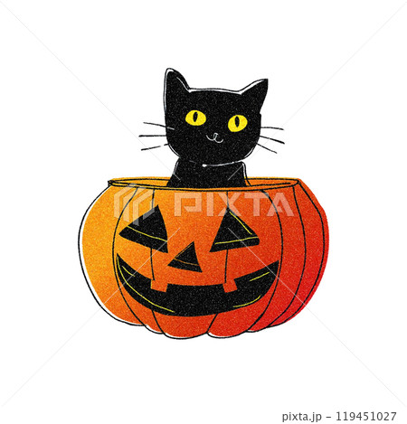 ハロウィンのジャック・オ・ランタンから顔を出す黒猫のイラスト　白背景の切り抜き 119451027