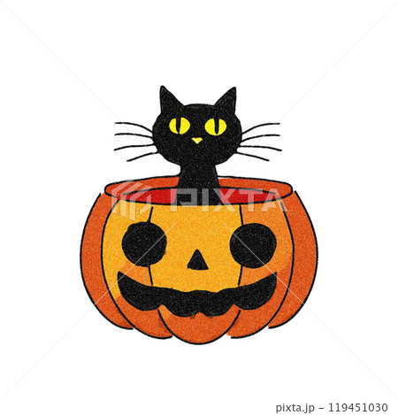 ハロウィンのジャック・オ・ランタンから顔を出す黒猫のイラスト　白背景の切り抜き 119451030