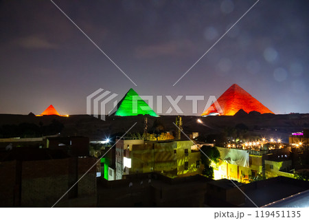 Great Pyramid complex enlighted at night, Giza, Egypt Great Pyramid complex enlighted at night, Giza, Egypt 119451135