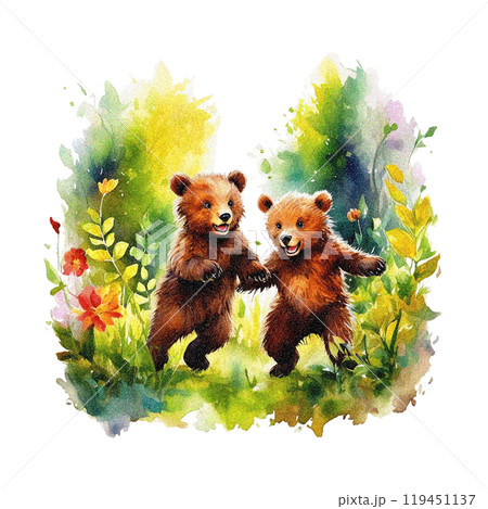 春の公園で遊ぶ可愛い茶色い子熊の水彩イラスト 白背景の切り抜きの