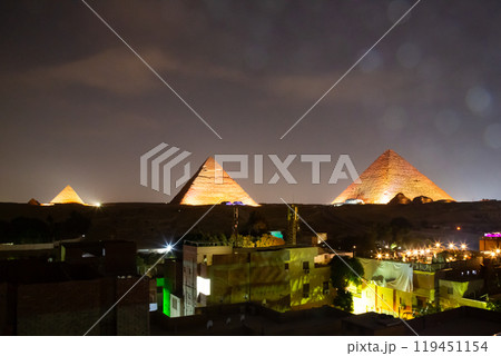 Great Pyramid complex enlighted at night, Giza, Egypt Great Pyramid complex enlighted at night, Giza, Egypt 119451154