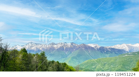 Beautiful panoramic landscape - view of Glade 960 with modern luxury hotels among the green mountains on a sunny summer day Beautiful panoramic landscape - view of Glade 960 with modern luxury hotels among the green mountains on a sunny summer day 119451224