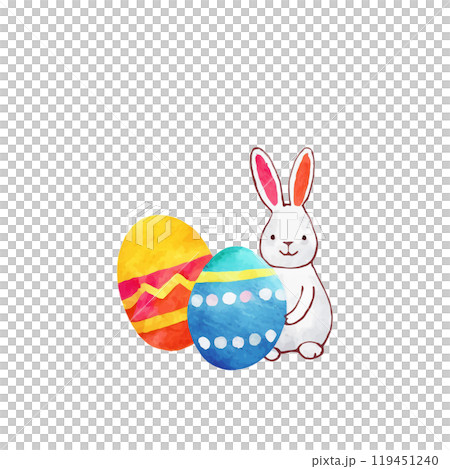 白兔和彩色復活節彩蛋的插圖，白色背景上的切口 119451240