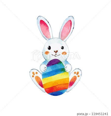 白うさぎとカラフルなイースターエッグのイラスト 白背景の切り抜き 白うさぎとカラフルなイースターエッグのイラスト 白背景の切り抜き 119451241
