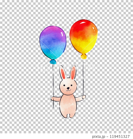 一隻可愛的兔子拿著彩色氣球的插圖,白色背景上的剪紙 一隻可愛的兔子拿著彩色氣球的插圖,白色背景上的剪紙 119451327