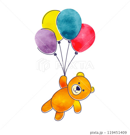 カラフルな風船を持っている可愛いクマのイラスト　白背景の切り抜き 119451409