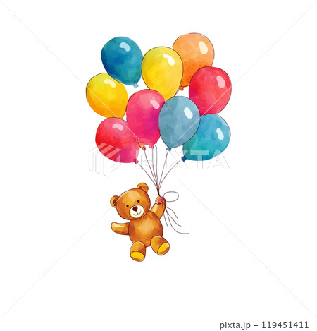 カラフルな風船を持っている可愛いクマのイラスト　白背景の切り抜き 119451411