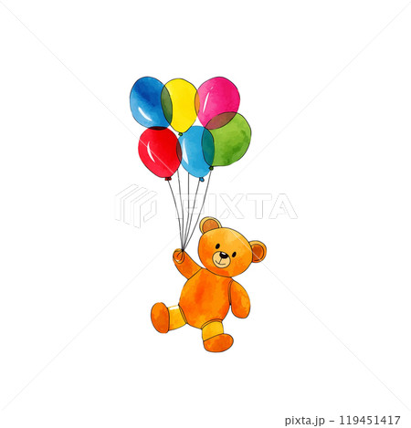 カラフルな風船を持っている可愛いクマのイラスト 白背景の切り抜き カラフルな風船を持っている可愛いクマのイラスト 白背景の切り抜き 119451417