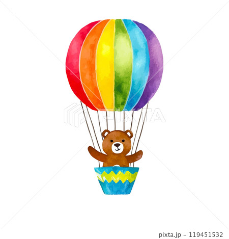 カラフルな風船を持っている可愛いクマのイラスト　白背景の切り抜き 119451532