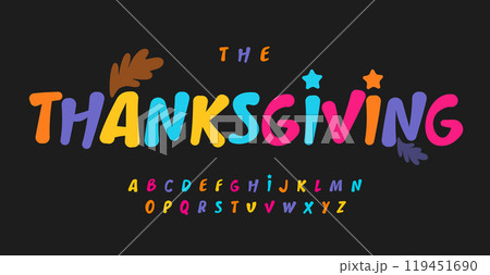 Playful bubble font, bright rainbow letters, rounded clay alphabetw with cozy warm style for joyful carnival, festive seasonal greeting, vibrant cartoon kid logo, title, headline. Vector typeset. 119451690