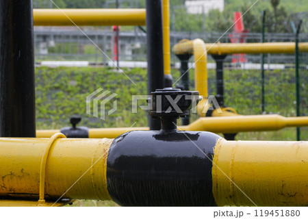 Gas pipeline oil industry. Yellow gas pipe power technology. Fuel energy equipment. Gas industry, oil transport system Gas pipeline oil industry. Yellow gas pipe power technology. Fuel energy equipment. Gas industry, oil transport system 119451880