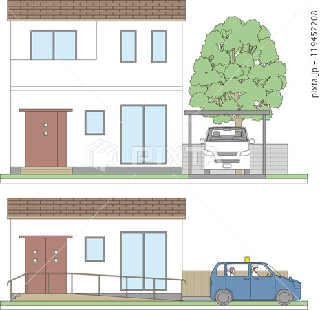 二階建てと平屋の住宅と自家用車。減築リフォームのイメージイラスト 119452208
