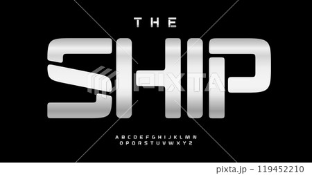 Sleek futuristic font, bold stencil letters with metallic gradient, sci-fi alphabet for digital tech branding, gaming logo, video game posters, space industrial design. Vector typeset 119452210