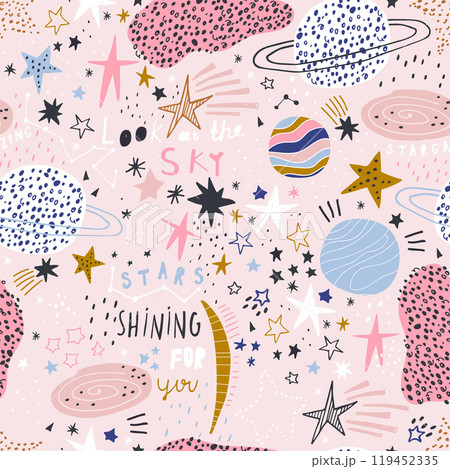 Seamless space pattern with hand drawn space elements. Cosmos blue childish universe texture with stars. Vector illustration 119452335