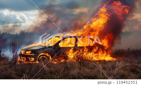 the car caught fire in a field with a strong flame the car caught fire in a field with a strong flame 119452351