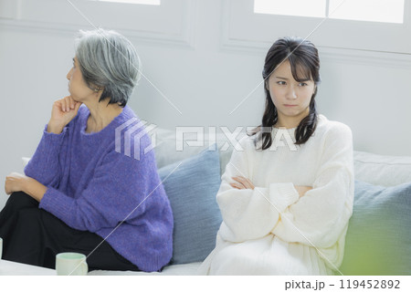 リビングで喧嘩をするシニア女性と若い女性　　 119452892