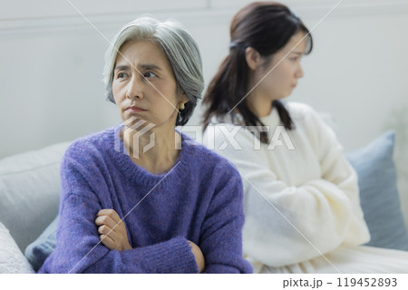 リビングで喧嘩をするシニア女性と若い女性　　 119452893