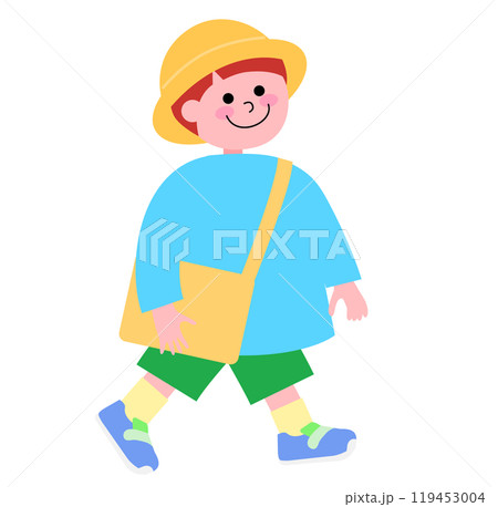 幼稚園に登園中のスモッグを着た男の子が歩くイラスト 119453004