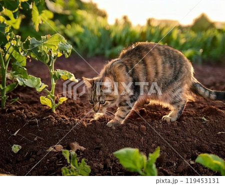畑の土を荒らす野良猫 119453131