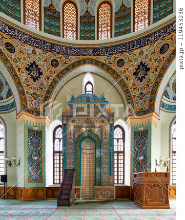 Interior of Taza Pir Mosque in Baku, Azerbaijan, with ornate dome and intricate architecture 119453236