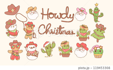 Retro Christmas Cowboy element clipart set Hand drawn cartoon character collection 119453308