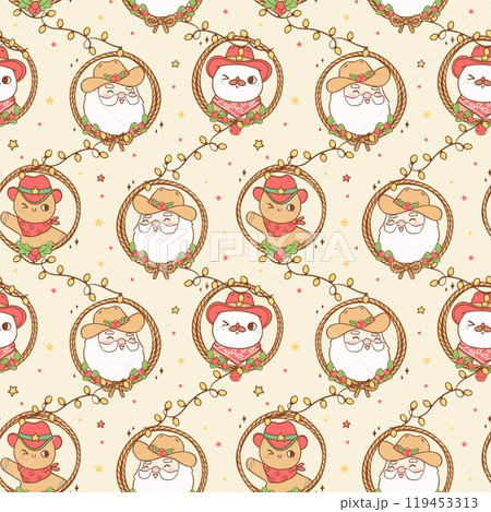 Cute Retro Christmas seamless pattern Cowboy happy Santa, snowman and gingerbread man in lasso wreath hand drawn cartoon doodle 119453313