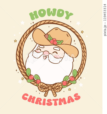 Cute Retro Christmas Cowboy happy Santa in lasso wreath hand drawn cartoon doodle greeting card and sublimation shirt idea 119453314