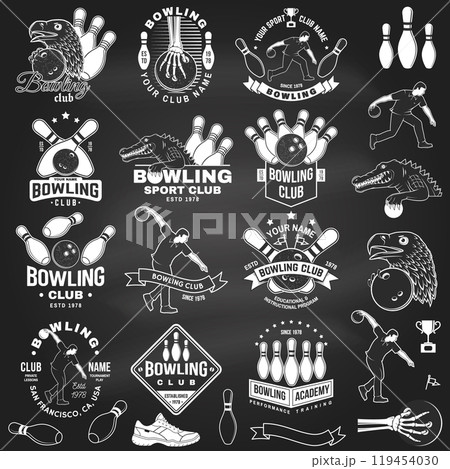 Set of Bowling sports club logo, badge design on the chalkboard. Vintage design with athlete, bowling pins and skeleton hand with bowling ball, eagle, crocodile silhouette. Vector. 119454030
