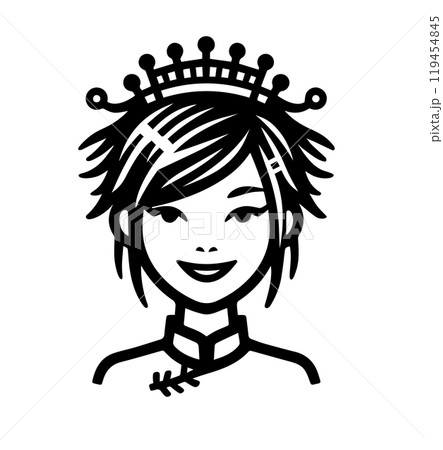 A young cool looking Asian princess. Simple linear vector isolated on white illustration. A girl in a crown, she has short hair and a smile on her face. AI-generated 119454845