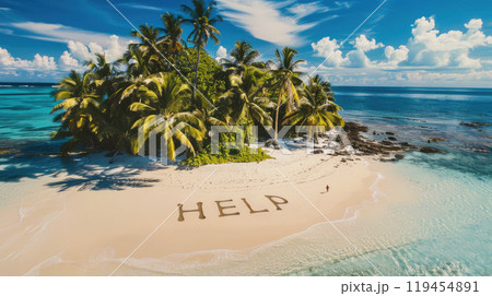 Word HELP written on sand of tropical beach, ocean shore of wild uninhabited island with castaway call. Concept of lost at sea, shipwreck, sos, solitary. Word HELP written on sand of tropical beach, ocean shore of wild uninhabited island with castaway call. Concept of lost at sea, shipwreck, sos, solitary. 119454891