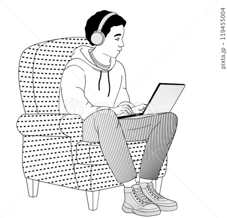 African American boy sitting in a chair with a laptop on her lap 119455004