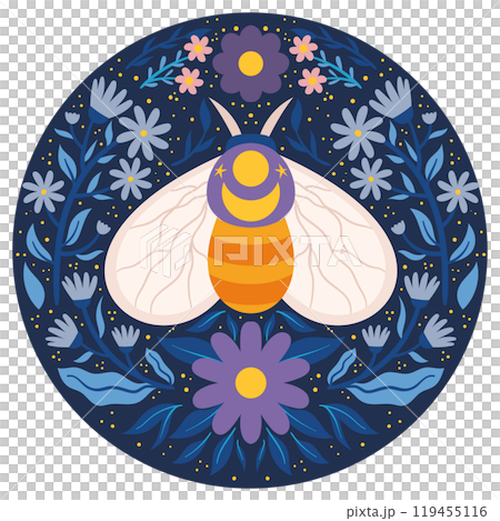 Whimsical Moth with Floral and Celestial Elements. Decorative moth illustration surrounded by flowers and stars in a circular design, vibrant and colorful. Whimsical Moth with Floral and Celestial Elements. Decorative moth illustration surrounded by flowers and stars in a circular design, vibrant and colorful. 119455116