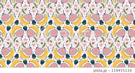 Charming seamless pattern featuring bananas, figs, blackberries, white strawberries, pink flowers, and green leaves. Modern, organic vector style with flat colors and a fun, childlike aesthetic. Charming seamless pattern featuring bananas, figs, blackberries, white strawberries, pink flowers, and green leaves. Modern, organic vector style with flat colors and a fun, childlike aesthetic. 119455119