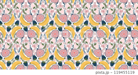 Charming seamless pattern featuring bananas, figs, blackberries, white strawberries, pink flowers, and green leaves. Modern, organic vector style with flat colors and a fun, childlike aesthetic. 119455119