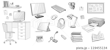 set elements about online learning - keyboard, printer, camera, microphone, tablet, stylus, screen, mouse computer, books, student's desk, lamp, chair set elements about online learning - keyboard, printer, camera, microphone, tablet, stylus, screen, mouse computer, books, student's desk, lamp, chair 119455134