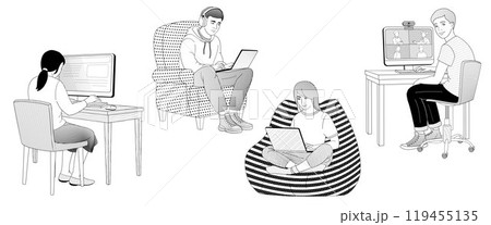 School-age boys and girls sitting at a computer and laptop at home 119455135