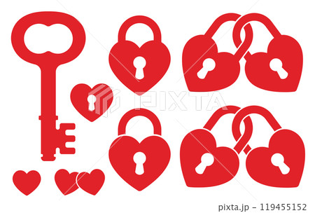 Romantic Heart love lock and key icon symbol. Romance couple logo sign. Vector illustration image. Isolated on white background. 119455152