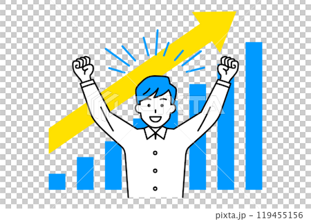 A casual man rejoicing with a growing graph and a cheer in the air A casual man rejoicing with a growing graph and a cheer in the air 119455156