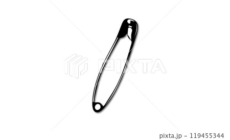 Black closed pin for fastening isolated on white background, office concept, school supplies, stationery element for fastening documents, pin for sewing, decoration and design, metal chrome safety pin 119455344