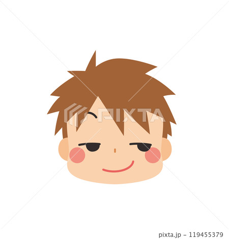 ニヤリと笑う可愛い小さな男の子の絵文字イラスト　アイコン　顔　表情　白背景　ベクター 119455379