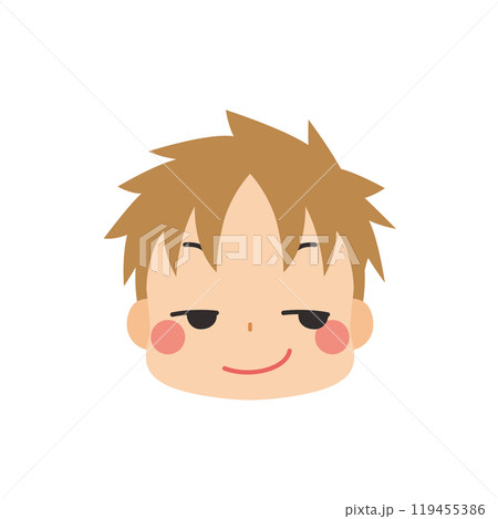 ニヤリと笑う可愛い小さな男の子の絵文字イラスト　アイコン　顔　表情　白背景　ベクター 119455386