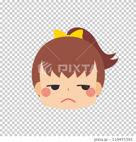 Emoji illustration of a cute little girl with an unamused expression, icon, face, white background, vector 119455393