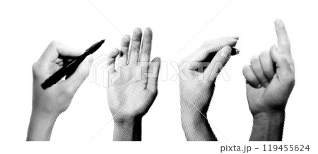 Set of halftone images of hands. Pop art retro style illustration Set of halftone images of hands. Pop art retro style illustration 119455624