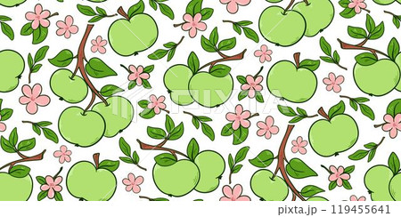 Juicy fresh green apples and flowers seamless pattern 119455641
