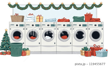 クリスマスのコインランドリー│洗濯機│プレゼント│イラスト クリスマスのコインランドリー│洗濯機│プレゼント│イラスト 119455677