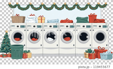 クリスマスのコインランドリー│洗濯機│プレゼント│イラスト クリスマスのコインランドリー│洗濯機│プレゼント│イラスト 119455677