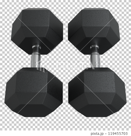 Blank Two Hex Dumbbells, weightlifting gym equipment top view 119455703