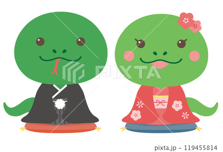 年賀状素材 巳年 蛇の夫婦イラスト（着物） 119455814