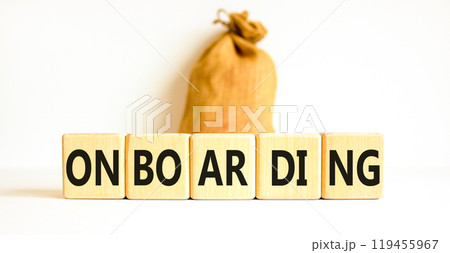 Onboarding success symbol. Concept word Onboarding on wooden blocks. Beautiful white background. Beautiful canvas bag. Business onboarding success concept. Copy space. 119455967