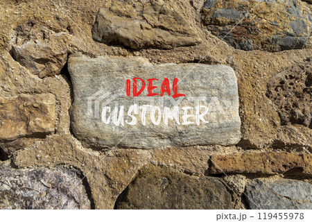 Ideal customer symbol. Concept words Ideal customer on beautiful big stone. Beautiful stone wall background. Business ideal customer concept. Copy space. Ideal customer symbol. Concept words Ideal customer on beautiful big stone. Beautiful stone wall background. Business ideal customer concept. Copy space. 119455978